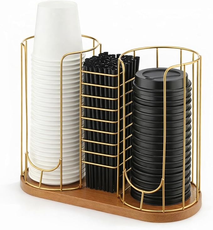 18oz Adjustable Coffee Cup Dispenser with Wooden Base, Cup and Lid Holder, Cups Holder Organizer for Coffee Pod Straw and Lid Storage(3-compartment Single,Color 2)
