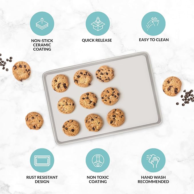 Nonstick Ceramic Baking Sheet/Cookie Sheet - Set of 2, Durable and Easy to Clean Baking Pans for Kitchen - Dishwasher and Freezer Safe, PFAS-Free (Half Sheet Pan)
