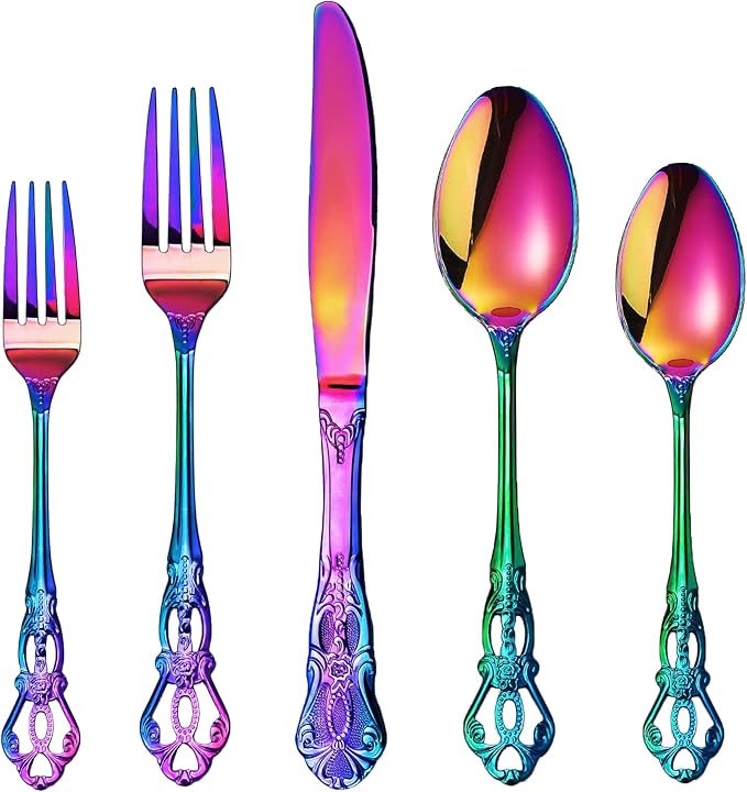 Runfly Gorgeous Retro Royal Rainbow Stainless Steel 20-Piece Flatware Set | Silverware Set for 4, Anti-rust Cutlery Set Utensils Kitchen Including Fork Spoon and Knife