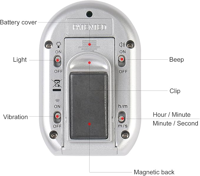 x-wlang 3-in-1 Alerts timer 1013 with vibration ,beep and flash.(kitchen timer ,medical timer,therapeutic timer), silver