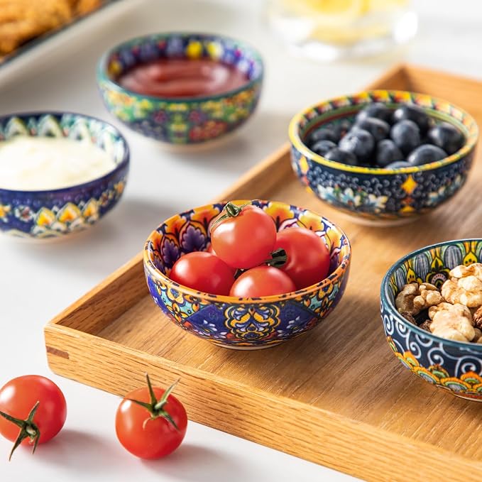 vancasso SIMI 2.7 Oz Ceramic Dipping Bowls Set of 6, Bohemian Sauce Bowls | For Soy Sauce, Sushi, Dips, and Condiments, Microwave and Dishwasher Safe, 3 Inch Mini Dishes, Bohemian Design