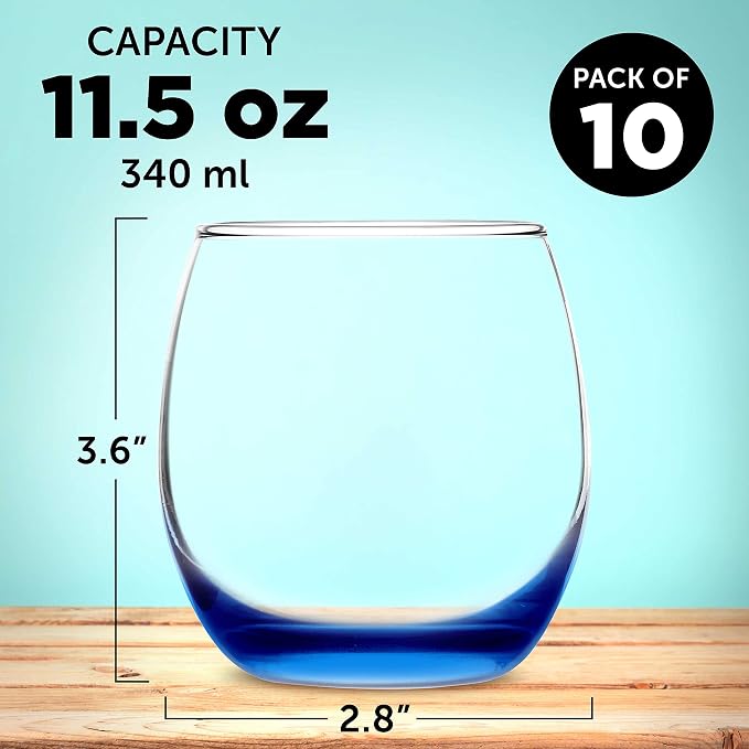 DISCOUNT PROMOS Mikonos Stemless Wine Glasses 11.5 oz. Set of 10, Bulk Pack - Restaurant Glassware, Perfect for Red Wine, White Wine, Cocktails - Blue Bottom Color