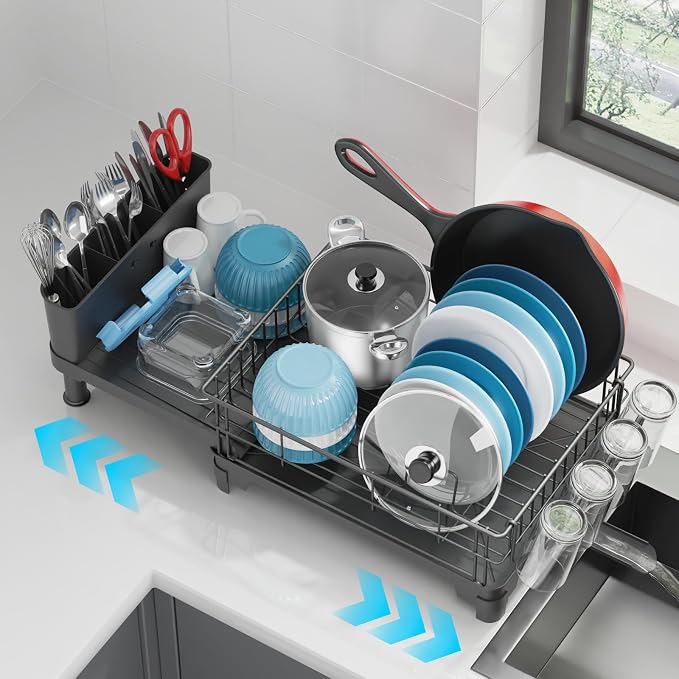 Large Dish Drying Rack - Expandable for Kitchen Counter, Black | 18.7-25.2 in Extendable Length, Vertical Pot Storage, Auto-Drain Spout, Removable Utensil Holder, Rust-Resistant Frame