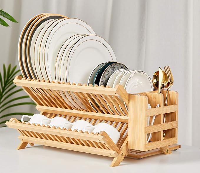 NOVAYEAH Bamboo Dish Drying Rack with Utensil Holder, Collapsible Wooden Dish Drainer Rack, 3-Tier Large Folding Drying Holder for Kitchen Counter 51 pcs Grid