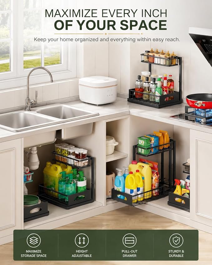 Under Sink Organizer, 2 Tier Adjustable Cabinet Organizer with Slide-Out Drawer, Heavy Duty Metal Storage Rack for Kitchen, Bathroom & Laudry room.