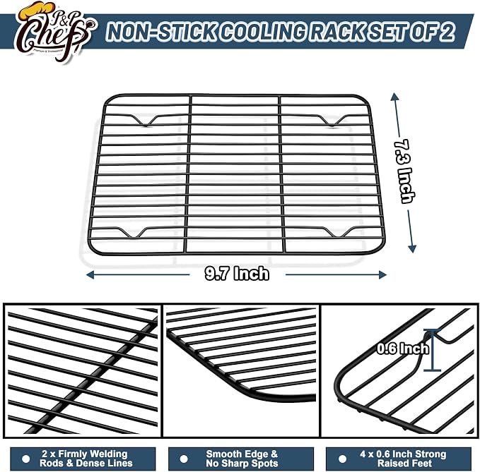 P&P CHEF 9.7" x 7.3" Cooling Baking Wire Racks Pack of 2, Black | Stainless Steel Cooling Racks for Cooking Baking Roasting Grilling Drying, Dense Wires & Smooth Edge, Easy Clean & Rust Proof