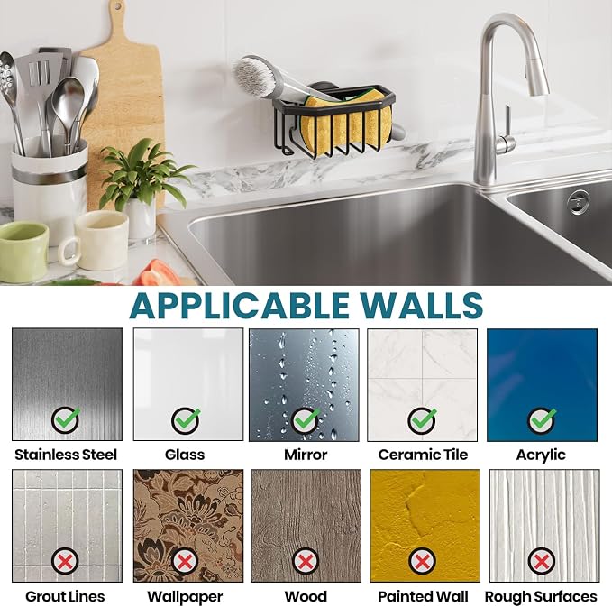 TAILI Sponge Holder for Kitchen Sink with Suction Cup-Black Aluminum | Rustproof Aluminum Sink Caddy for Sponges,Brushes,Stoppers & Scrapers,Removable Ventilated Quick-dry Design, holds Up 11lbs