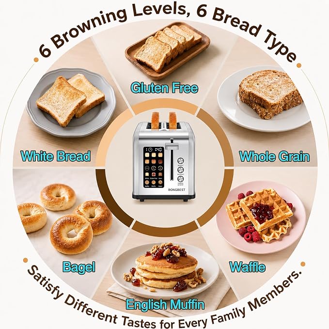 2 Slice Touch Screen Toaster with Wide Slots, Single Slice Mode, Silver | Stainless Steel, Toast Bagel & Bread for Family Breakfast, Digital Touchscreen, ±15s, Reheat & Defrost, Removable Crumb Tray