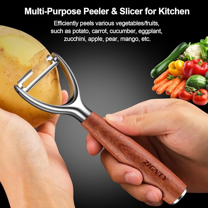 Premium Vegetable Peeler Stainless Steel, Ultra Sharp Potato Peelers | Swivel 420J2 Blade, Ergonomic Wood Handle, Premium Veggie Fruit Peeler for Kitchen, Apple Carrot Cucumber Y Shaped Peeler