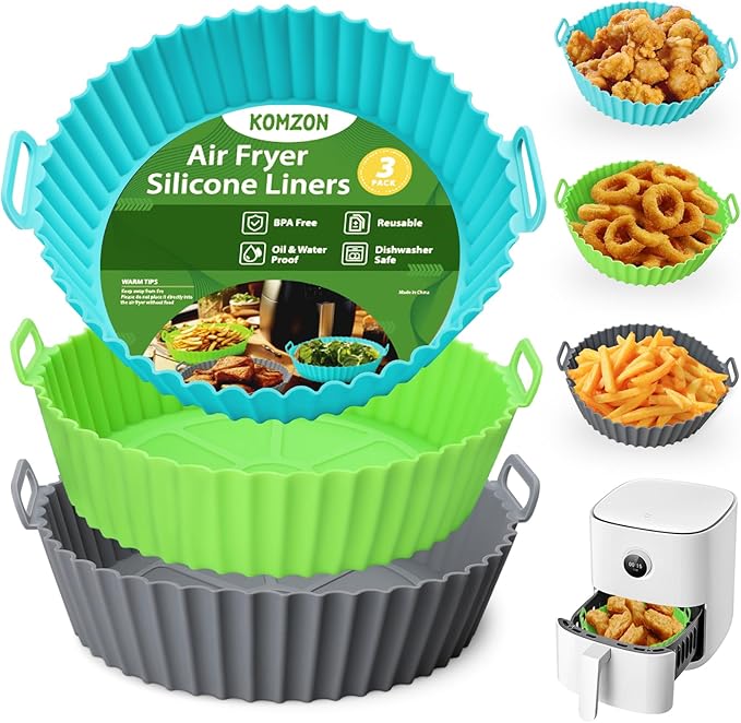3 Pack Air Fryer Silicone Liners, 8Inch Airfryer Liners, AirFryer Basket Liner, Reusable Food Grade Air Fryers Basket Pots Oven Liner Baking Tray, Air Fryer Silicone Mat Accessories Kitchen