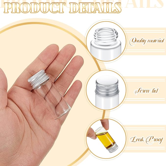 Didaey 100 Pcs Small Clear Vials Spice Mini Jars with Lids Mini Glass Bottles with Screw Aluminum Metal Caps Tiny Jars Sample Containers for Powder Cream Cosmetic Jewelry Wedding (10 ml,Silver Caps)