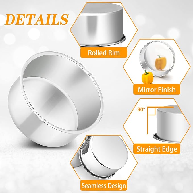 P&P CHEF 4 Inch Round Cake Pan Set of 3, Stainless Steel Baking Cake Pans | Round Baking Cake Pan Bakeware for Layer Birthday Cake, Fit Oven/Pots/Pressure Cooker, Leakproof & Dishwasher Safe, Silver
