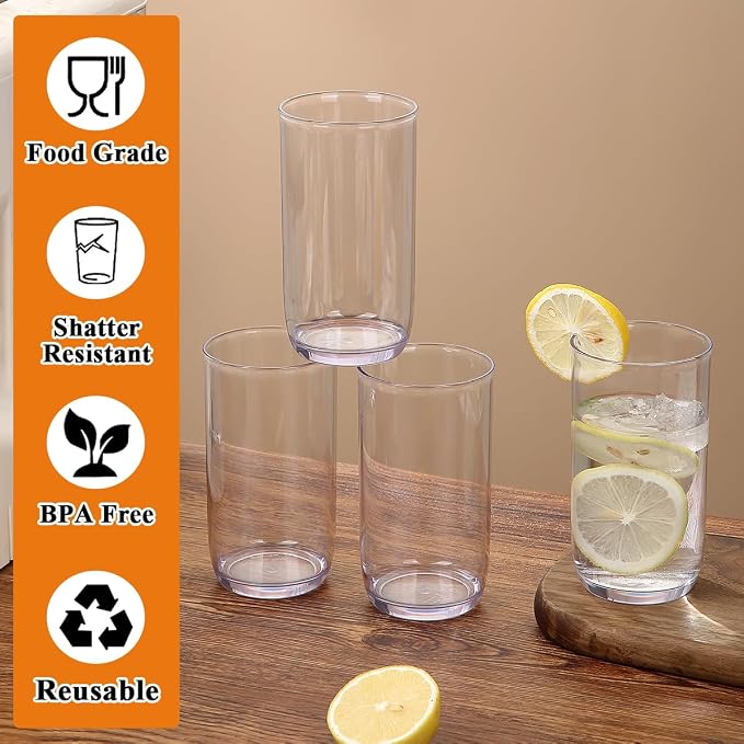 Berglander Highball Glasses Set 4pc, 14 oz Tall PET Clear Plastic Drinking Collins Glasses, Reusable Water Glass Cups, Bar Glassware Tumbler for Beverage, Beer, Juice, Milk, Mojito, Cold Drink