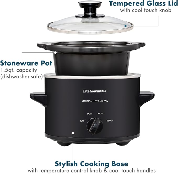 Elite Gourmet MST-250XBX Electric Ceramic Slow Cooker, 1.5 Qt, Black | Adjustable Temp, Dishwasher-Safe - Great for Entrees, Sauces, Soups, Roasts, Stews & Dips
