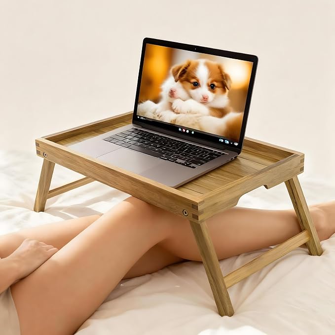 VaeFae Acacia Bed Table, Wooden Breakfast Bed Tray with Folding Legs | Bed Trays for Eating and Laptop, Eating Trays for Bedroom, Sofa