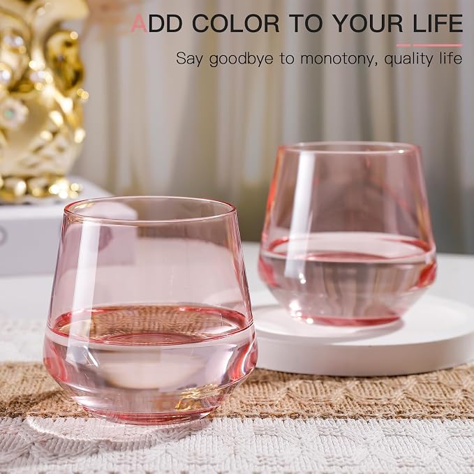 Pink Stemless Wine Glass Set of 6-14oz Wine Glasses, Stemless Drinking Glasses for Wine, Cocktails & Beverages - Elegant Glassware for Home, Bar & Holiday Use