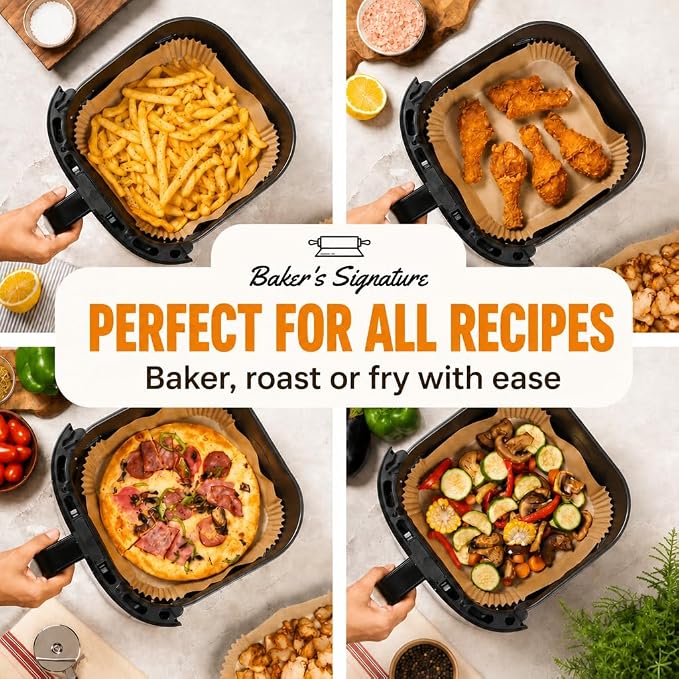 Air Fryer Paper Liners, 125Pcs Air Fryer Disposable Liners | Non-Stick and Oil Proof for Easy Cleanup, 8" Square for 5-8 qt Basket by Baker's Signature