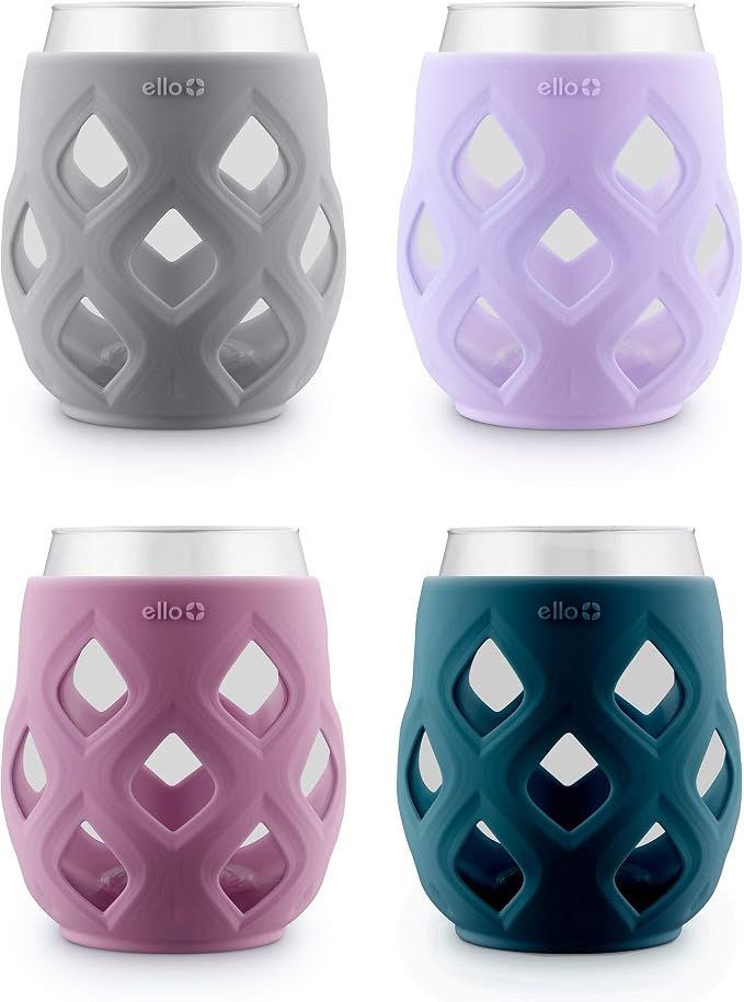 Ello Cru 17oz Stemless Wine Glass Set with Protective Silicone Sleeves, 4 Pack Cocktail Glass Perfect for Summer Patios and Parties Holiday Gifting Her Him Mother's Day, Dishwasher Safe, Cosmos