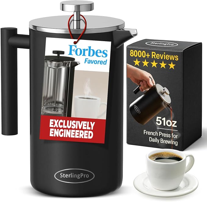 SterlingPro Large Insulated Stainless Steel French Press Coffee Maker 51oz Capacity (44 oz Brew Yield) – Double Wall Metal Coffee Press | Plastic Free | Cool-Touch | Black Finish | 12 Cups / 6 Mugs