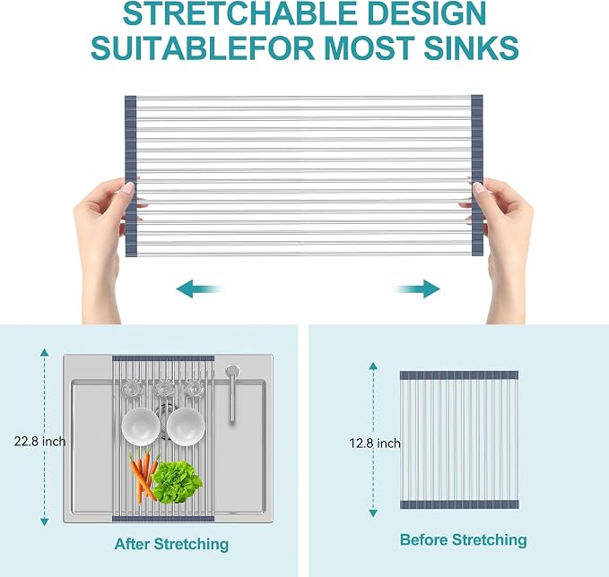 BBXTYLY Extra Large Expandable Roll Up Dish Drying Rack,Over The Sink Drying Rack Sink Cover Kitchen Sink Accessories Kitchen Rolling up Stainless Steel Drainer, Foldable,Rollable（Gray，22.8''-12.4''）