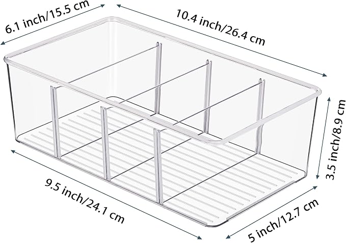 Vtopmart 6 Pack Food Storage Organizer Bins, Clear Plastic, 4 Compartments | For Pantry, Kitchen, Fridge and Cabinet Organization, Organize Food Packets, Snacks, Pouches and Spice Packets