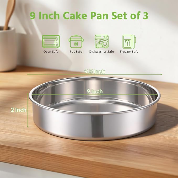 E-far 9 Inch Cake Pan Set of 3, Non-toxic Stainless Steel Round Cake Tins | Ideal for Birthday Wedding Layer Cake, Healthy, Mirror Finish, Dishwasher Safe