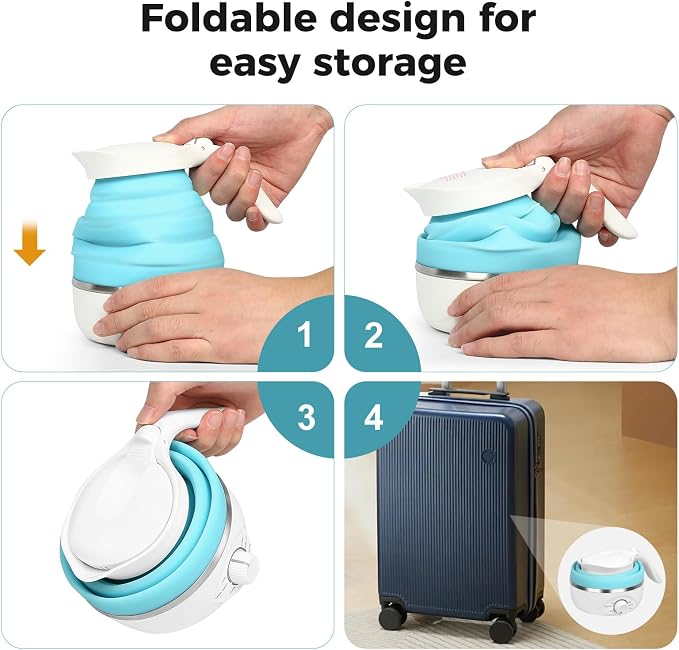 Travel Foldable Electric Kettle - 110V 700ml Collapsible Kettle Blue | 850W Small BPA-free Tea Pot for Camping Food Grade Silicone Travel Electric Collapsible Kettle for Tea & Coffee