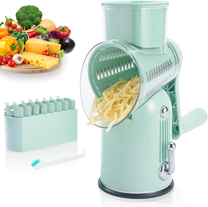 ENERGEVITY Hand Crank Rotary Cheese Grater, 5-in-1 Vegetable Slicer (Green) | Easy to clean.Strong suction base.Internal barrel keeps hands away from blades.BPA-free food-grade ABS plastic.