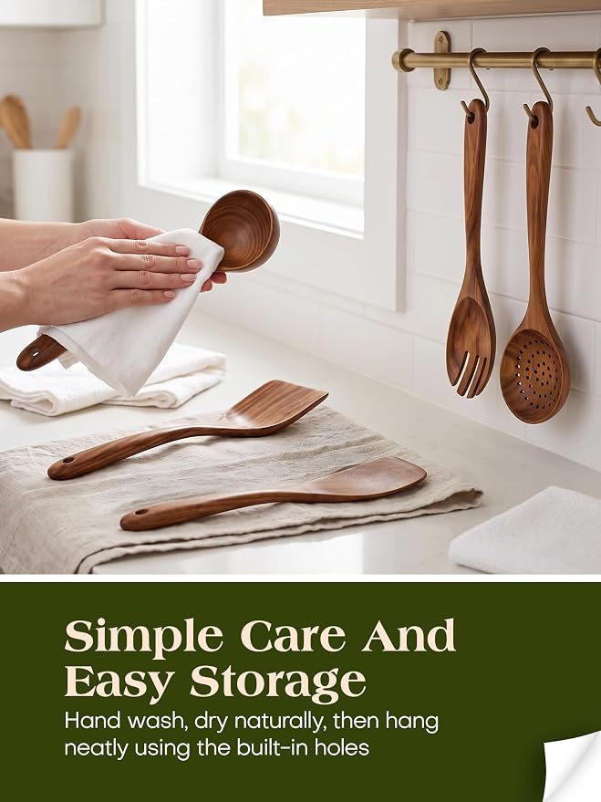 Wood Utensils Set for Cooking, Teak Wooden Utensils Set Wood Spatula for Nonstick Cookware Kitchen Utensils Set 5