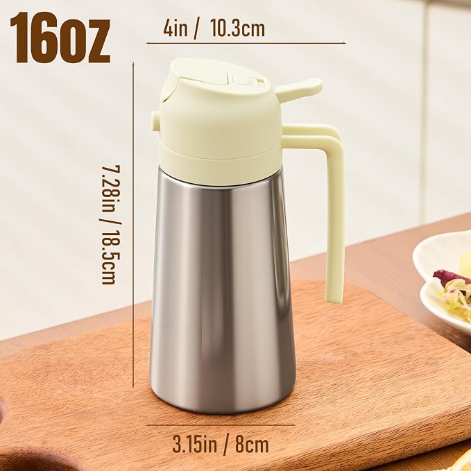 PARACITY Stainless Steel Oil Dispenser Bottle, 2-in-1 Sprayer, 16 oz, White | Ceramic interior supports fine mist or smooth pouring; drip-control spout suits cooking, BBQ, air fryer, salads, and baking.