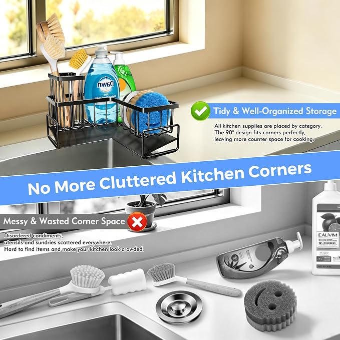 L-Shaped Kitchen Sink Caddy Organizer, Large Sponge Holder for Kitchen Sink, 90 Degree Corner Sink Storage Rack with Dish Brush & Soap Holder for Countertop Kitchen Storage
