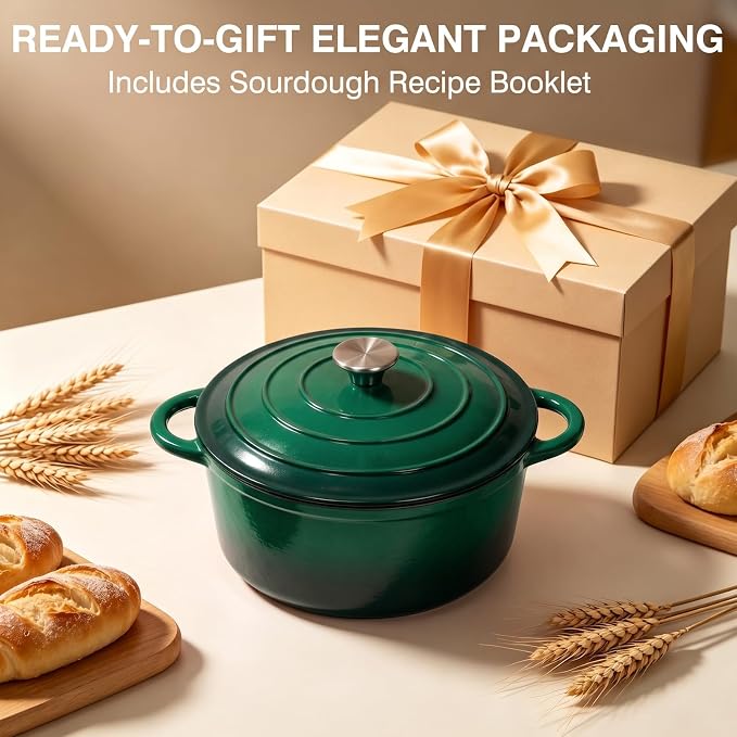 Enameled Cast Iron Dutch Oven Pot with Lid 5.5QT, Sourdough Bread Baking Supplies with Banneton Bread Proofing Basket Set & Starter Jar, Unique Dutch Oven for Bread Baking (Gradient Green)