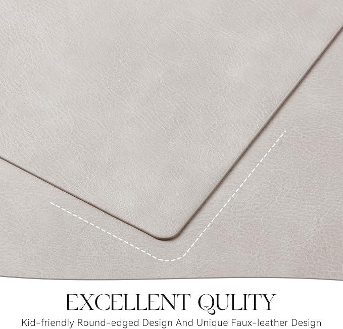 MOSAYT Vinyl Placemats Set of 6-12 X 17 Inch - Faux Leather 100% Waterproof Oil-Proof Wipeable PU Place Mats, Heat Resistant Reversible Table Mats for Kitchen, Dining, Outdoor, Light Grey