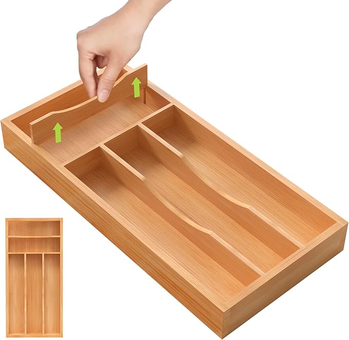 Unibambou Bamboo Kitchen Silverware Organizer with Removable Divider, Small | 4/5 slots flexible, Natural kitchen drawer cutlery organizer, Utensil holder, Flatware organizer tray, 6.7"W x 14"D x 1.6"H