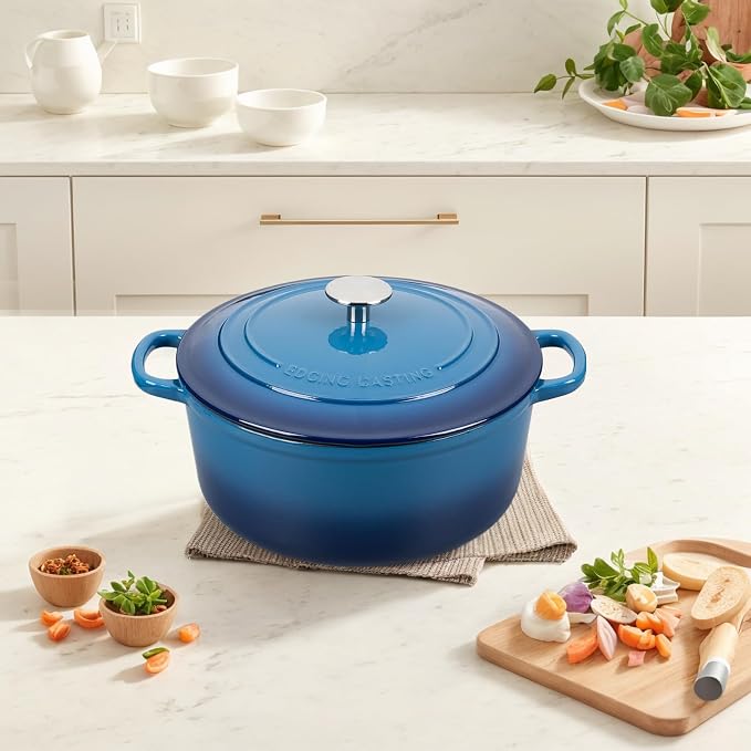 EDGING CASTING Enameled Cast Iron Dutch Oven Pot with Lid, 7 Quart, Round Dutch Ovens for Bread Baking, Bread Oven, Oven Safe up to 500°F, Lake Blue