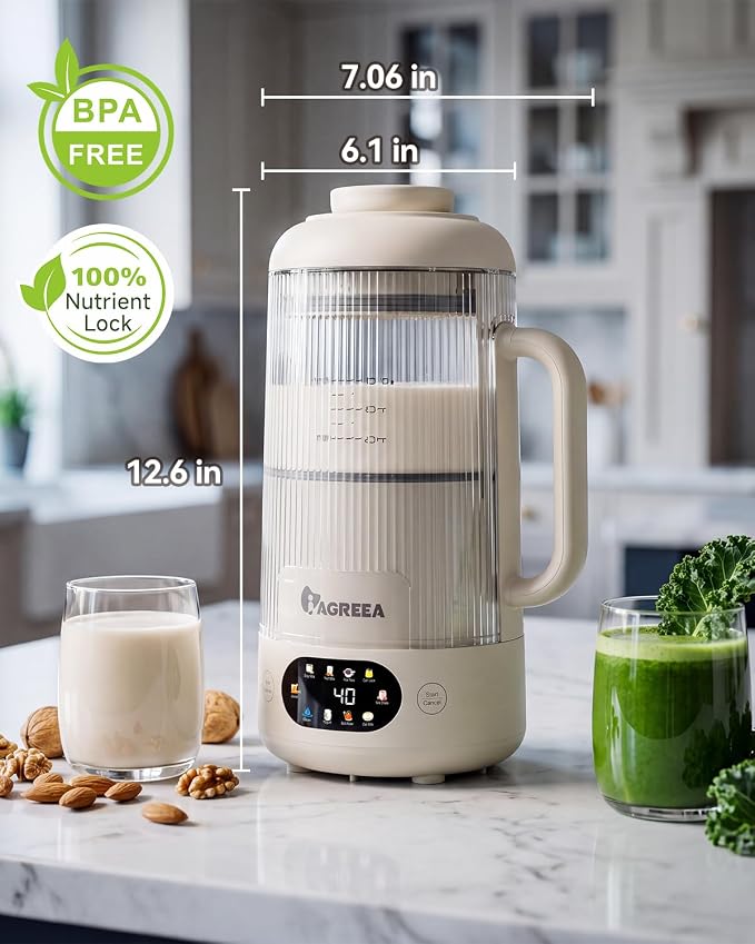 IAGREEA 35oz Glass Nut Milk Maker Machine, 10 in 1 Noise Reducing Soy Maker | 12H Delay, 6H Keep Warm, BPA-Free, Self-Cleaning, Soundproof Cover, 8 Blades, Almond/Oat Milk/Juice, Suitable For 4-5 People