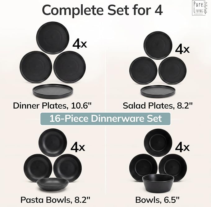 16 Piece Black Dinnerware Set for 4 | Matte Black Plates and Bowls Sets, Modern Stoneware Black Dishes Set | Scratch Resistant, Dishwasher & Microwave Safe | Matte Black Finish Ultra-Chic & Modern