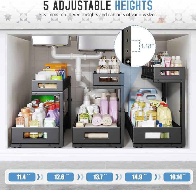 2 Pack 20.47IN Depth Under Sink Storage Organizer, Large 2-Tier Elegant Mesh Pull Out Shelf for Kitchen and Bathroom Cabinet Organization, L-Shaped and Adjustable Height Design-Black