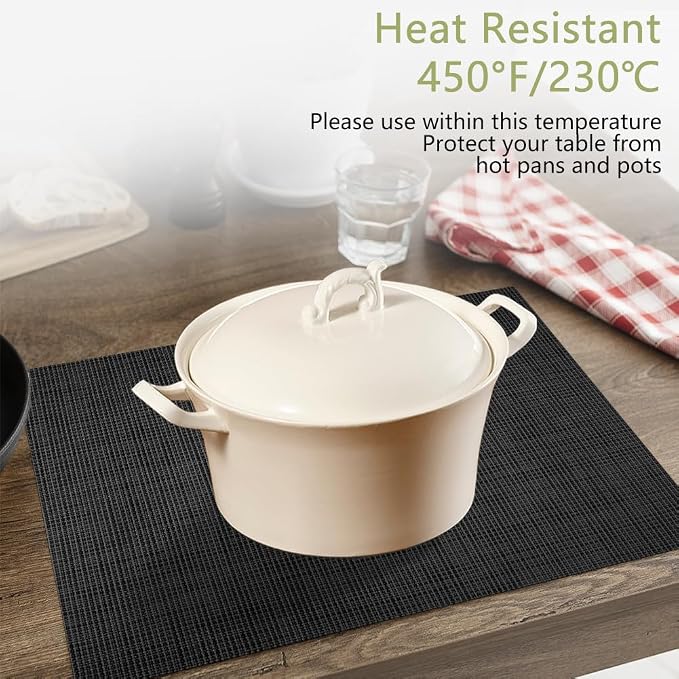 AUAUY Placemats Set of 6 Washable, Non-Slip Heat Resistant Table Mat, Black | 6pcs PVC Vinyl Woven Table Placemats Wipeable for Kitchen Dinning Restaurant, Farmhouse