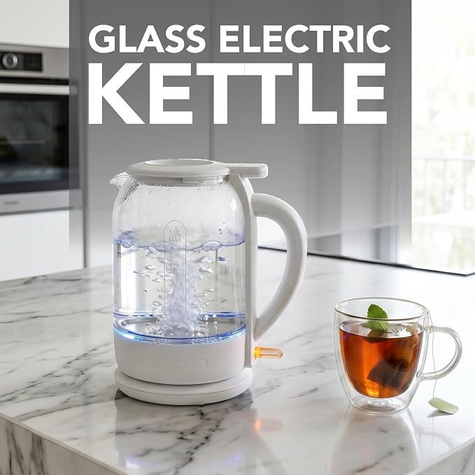 OVENTE 1.5L Glass Electric Kettle Water Boiler, White KG516W | 1500W Fast Boiling, Easy Fill Lid, Stainless Steel Filter, LED Indicator, Auto Shut-Off, Boil-Dry Protection, 360° Base