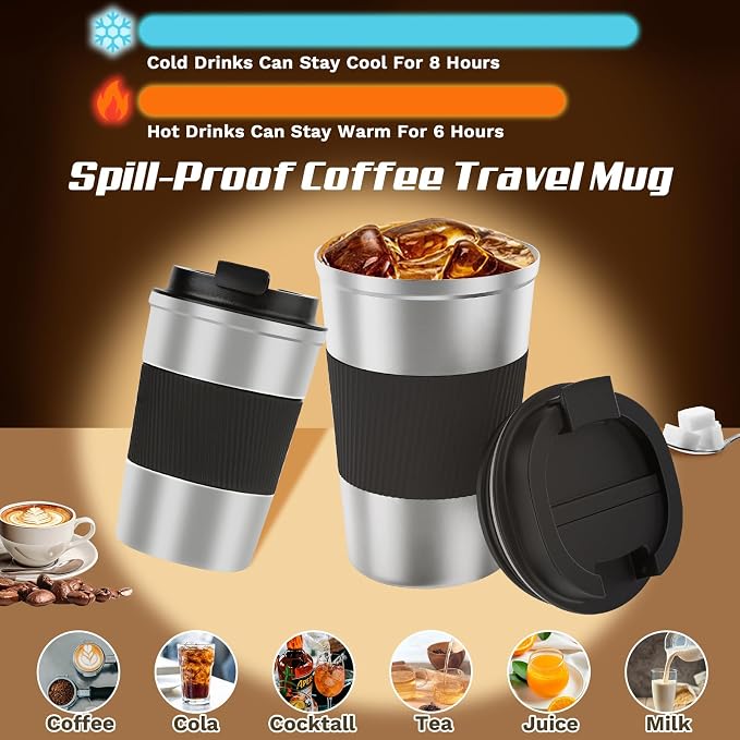 Vacuum Insulated Stainless Steel Travel Coffee Mug,Leak Proof Cup with Lid | 304 stainless steel mug with vacuum insulation, leak proof lid, silicone grip and car cup holder friendly design
