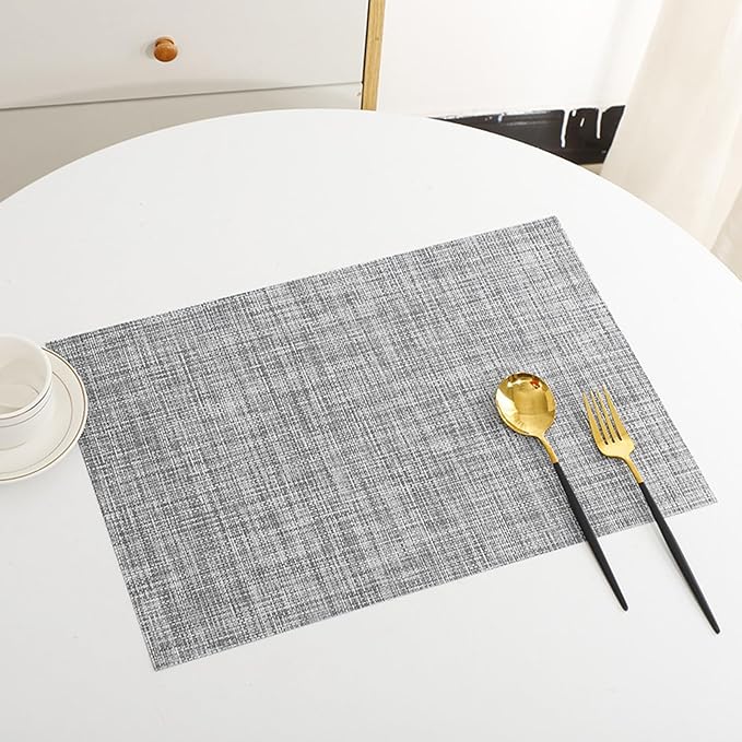 Zupro Gray Placemats Set of 4 Woven PVC 18"x12" for Indoor Outdoor Usage | Washable Heat-Resistant Non Slip Table Mats PVC Vinyl Kitchen Dining Patio Table Place Mats for Holidays Dinner Parties BBQs