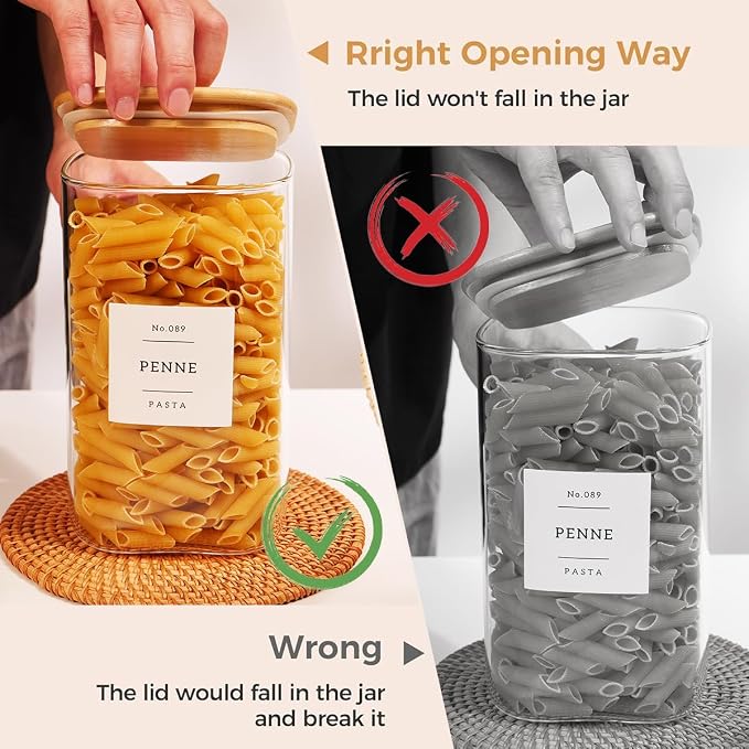2 Pack large Square Glass Flour and Sugar Containers with 132 Kitchen Pantry Labels - 149 floz & 71 floz - Glass Jars with Airtight Bamboo Lid - Glass Rice Canisters for Coffee, Pasta, Cookie, Cereal