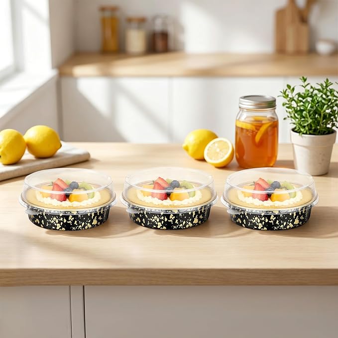 Beasea Mini Pie Pans with Lids, 120 Pack 4 Inch 7.3oz Disposable Cake Pans Aluminum Foil Pie Tart Baking Cups Tins Individual Dessert Containers Oven Dishes for Tart Cheesecake - Black Gold Speckles