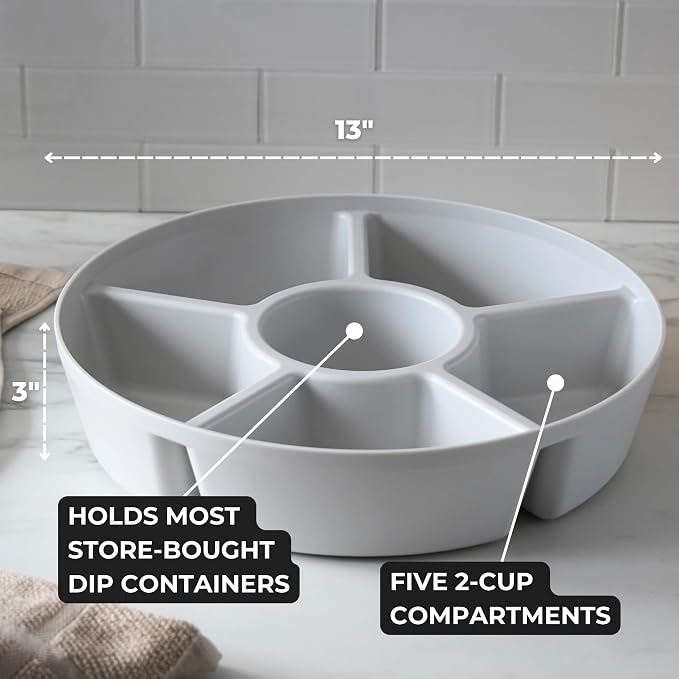 Heavy-Duty Divided Serving Tray with Leakproof Lid - 6 Divided Compartments to Serve & Store Food, Fruit Tray, Veggie Tray, Party Platters - Made In USA (White Tray/Clear Lid)