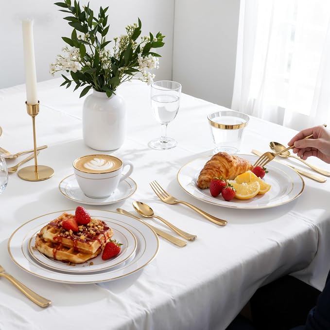 350Piece Gold Dinnerware Set for 50 Guests - Gold Plastic Plates with Disposable Cutlery - 50Dinner Plates-50Dessert Plates-50Pre Rolled Napkins with Silverware for Wedding/Birthday
