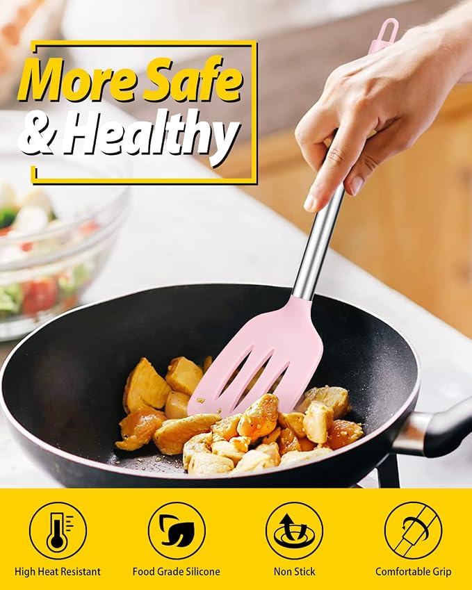 Pack of 2 Silicone Solid Turner, Non Stick Slotted Kitchen Spatulas, High Heat Resistant BPA Free Cooking Utensils, Ideal Cookware for Fish, Eggs, Pancakes(Pink)