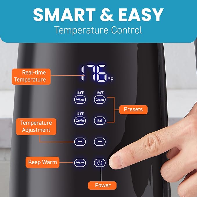Elite Gourmet 1.7L Dual-Wall Cool-Touch Tea Kettle, Touchscreen, Black | Borosilicate Glass, 304 Stainless Steel Interior, Programmed Digital Keep Warm, Auto Off & Audible Indicator