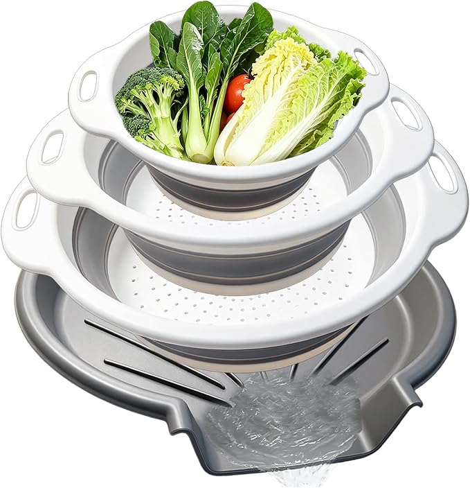 Collapsible Colanders Food Strainers, 3-Pack Foldable Kitchen Strainers with Over-Sink Water Draining Tray, Space Saving Kitchen Drainer for Vegetables, Fruit, Pasta and Rice (White-Gray)