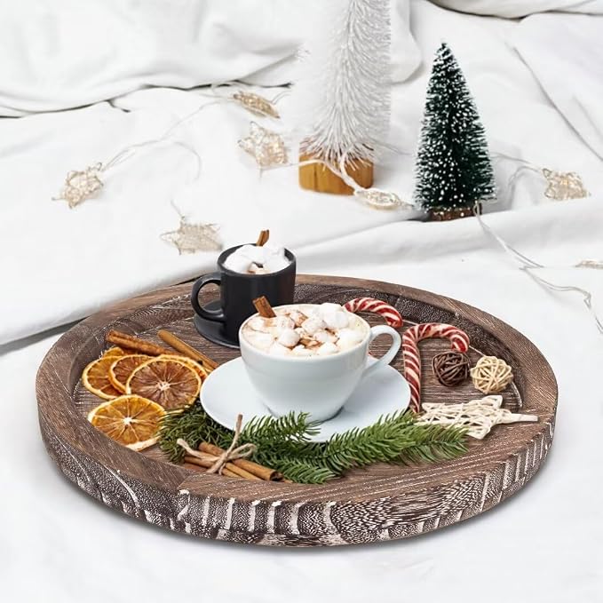 Round Decorative Wooden Serving Trays for Ottoman Coffee Table Tray Decor | Farmhouse Large Wood Candle Holder Rustic Dining Table Centerpiece Rustic Kitchen Home Decoration Circle Perfume Dresser Tray